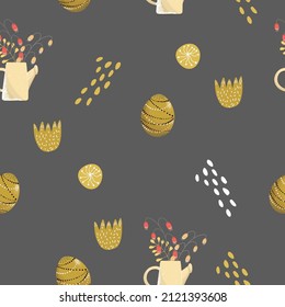 Seamless pattern with abstract flowers, garden watering can with bouquet and decorative easter egg, happy easter background, digital paper, wrapping.