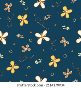 Seamless pattern with abstract flowers and geometric shapes on a dark blue background. Childish pattern