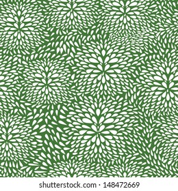 Seamless pattern with abstract flowers in green and white colors, prominent flowers