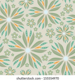 Seamless pattern with abstract flowers in green and orange colors