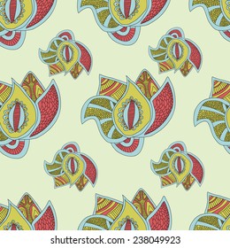 Seamless pattern with abstract flowers in green tones. Vector illustration in oriental style.