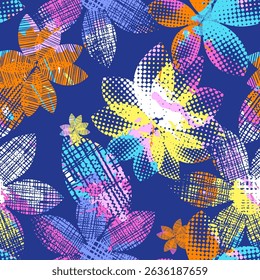 Seamless pattern of abstract flowers in grunge style. Bright color Vector illustration