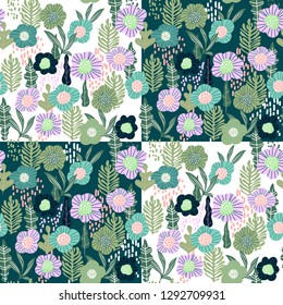 Seamless pattern with abstract flowers. Hand draw texture with tropical leaves in trendy modern style, Vector illustration