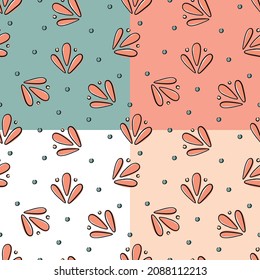 Nahtloses Muster mit abstrakten Blumen, Herzen, Retro-botanischem Muster. Vektornahtloses Muster auf orangefarbenem, grünem, beigem, pastellfarbenem und weißem Hintergrund. Muster für Kinder, Geschenk, Packpapier.