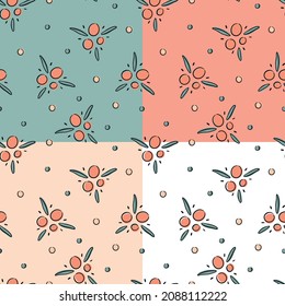 Seamless pattern with abstract flowers, hearts, retro botanical pattern. Vector seamless pattern on orange, green, beige, pastel and white backgrounds. Pattern for kids, gift, wrapping paper.
