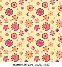 Patrón sin foco con flores abstractas, corazones en una paleta morada naranja cálida