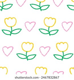 Seamless pattern with abstract flowers and hearts. Vector background with colorful crayon quirky doodles