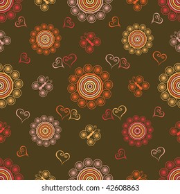 Seamless pattern with abstract flowers and hearts