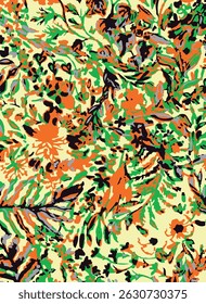 Seamless pattern of abstract flowers. The illustration is drawn in dark colors. A recurring motif of dry plants.