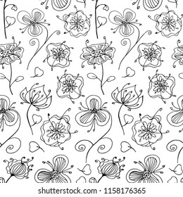 Seamless pattern of abstract flowers. Individual floral elements in black and white.