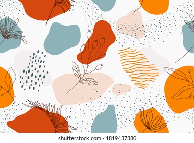 Seamless pattern with abstract flowers and leaf. Creative floral surface design. Vector background