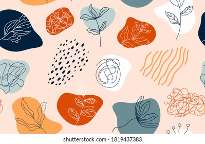 Seamless pattern with abstract flowers and leaf. Creative floral surface design. Vector background