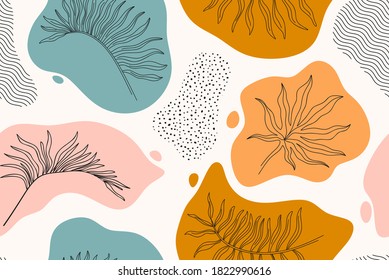 Seamless pattern with abstract flowers and leave. Creative floral surface design. Vector background