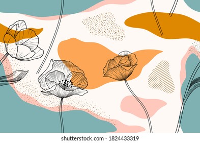 Seamless Pattern With Abstract Flowers And Leave. Creative Floral Surface Design. Vector Background