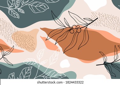 Seamless pattern with abstract flowers and leave. Creative floral surface design. Vector background