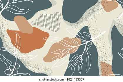 Seamless pattern with abstract flowers and leave. Creative floral surface design. Vector background