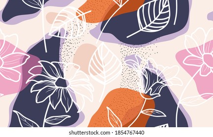 Seamless pattern with abstract flowers and leave. Creative floral surface design. Vector background