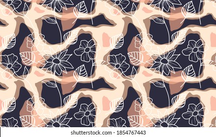 Seamless pattern with abstract flowers and leave. Creative floral surface design. Vector background