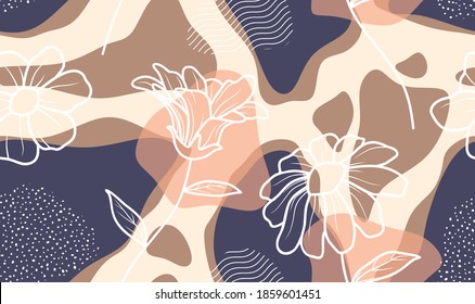 Seamless pattern with abstract flowers and leave. Creative floral surface design. Vector background