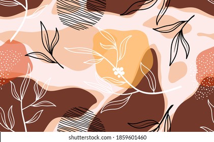 Seamless pattern with abstract flowers and leave. Creative floral surface design. Vector background