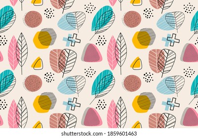 Seamless pattern with abstract flowers and leave. Creative floral surface design. Vector background