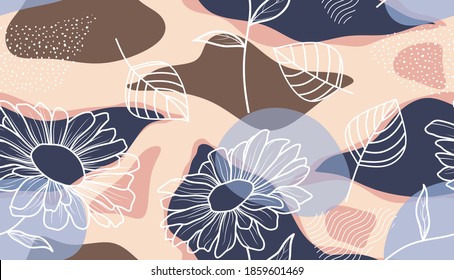 Seamless pattern with abstract flowers and leave. Creative floral surface design. Vector background