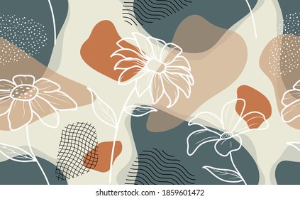 Seamless pattern with abstract flowers and leave. Creative floral surface design. Vector background