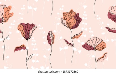 Seamless pattern with abstract flowers and leave. Creative floral surface design. Vector background