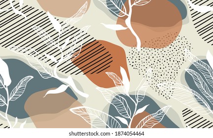 Seamless pattern with abstract flowers and leave. Creative floral surface design. Vector background