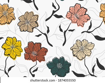 Seamless pattern with abstract flowers and leave. Creative floral surface design. Vector background