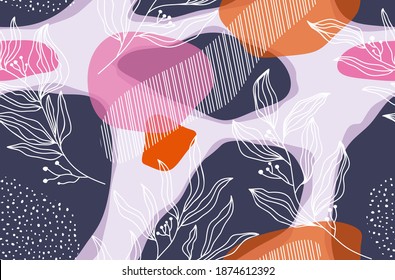 Seamless pattern with abstract flowers and leave. Creative floral surface design. Vector background