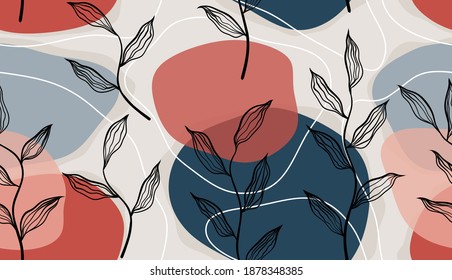 Seamless pattern with abstract flowers and leave. Creative floral surface design. Vector background