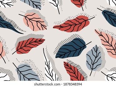 Seamless pattern with abstract flowers and leave. Creative floral surface design. Vector background