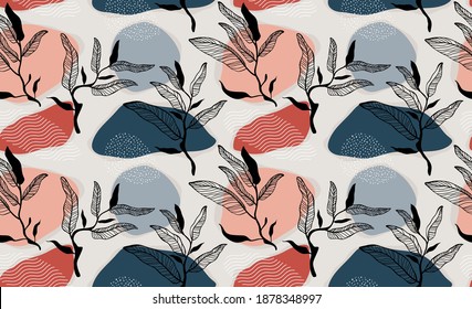Seamless pattern with abstract flowers and leave. Creative floral surface design. Vector background