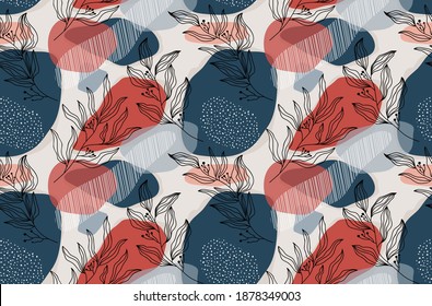 Seamless pattern with abstract flowers and leave. Creative floral surface design. Vector background