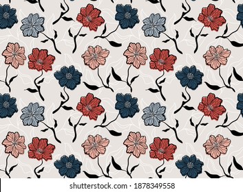 Seamless pattern with abstract flowers and leave. Creative floral surface design. Vector background
