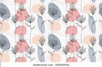 Seamless pattern with abstract flowers and leave. Creative floral surface design. Vector background