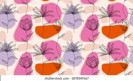 Seamless pattern with abstract flowers and leave. Creative floral surface design. Vector background