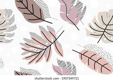 Seamless pattern with abstract flowers and leave. Creative floral surface design. Vector background