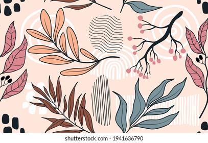 Seamless pattern with abstract flowers and leave. Creative floral surface design. Vector background