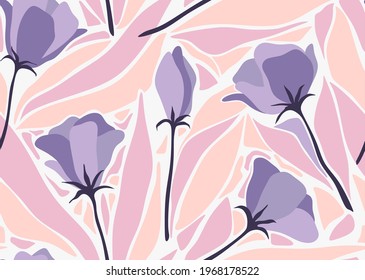 Seamless pattern with abstract flowers and leave. Creative floral surface design. Vector background