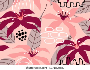 Seamless pattern with abstract flowers and leave. Creative floral surface design. Vector background