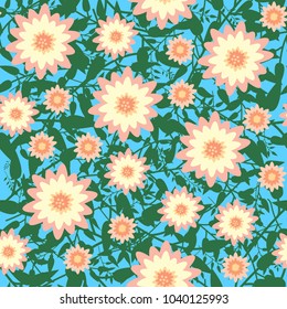 Seamless pattern with abstract flowers and leaves in flat style. Floral background with simple shapes. Can be used for wallpaper, pattern fills, web page background, surface textures, fabrics.