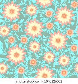 Seamless pattern with abstract flowers and leaves in flat style. Floral background with simple shapes. Can be used for wallpaper, pattern fills, web page background, surface textures, fabrics.