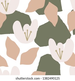 Seamless pattern with abstract flowers, leaves and terrazzo elements. Hand drawn style background. Perfect for branding, packaging, textile and social media.