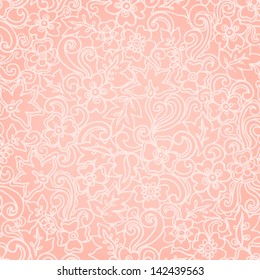 Seamless pattern with abstract flowers, leaves and curls. Pink background.