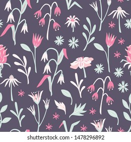 Seamless Pattern with Abstract Flowers and Leaves for Your Design.