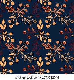 Seamless pattern of abstract flowers and leaves. Floral ornament painted with texture brushes. Design for textile, paper, fabric, packaging, ceramics, bedding. Vector illustration.
