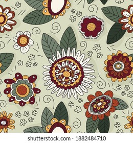 Seamless pattern with abstract flowers with leaves on a light background. Design is perfect for wallpaper, gift paper, greeting cards, fabric, textile, web design. Vector illustration flat design. Han