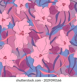 Seamless pattern with abstract flowers and leaves